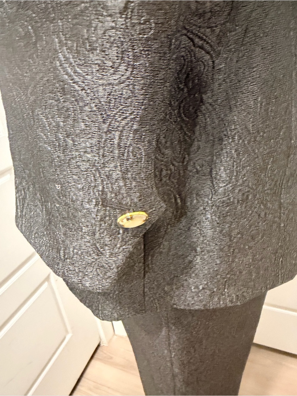 Escada Charcoal Gray Textured Silk-Virgin Wool Two-Piece Suit with Gold Buttons - Picture 9 of 13